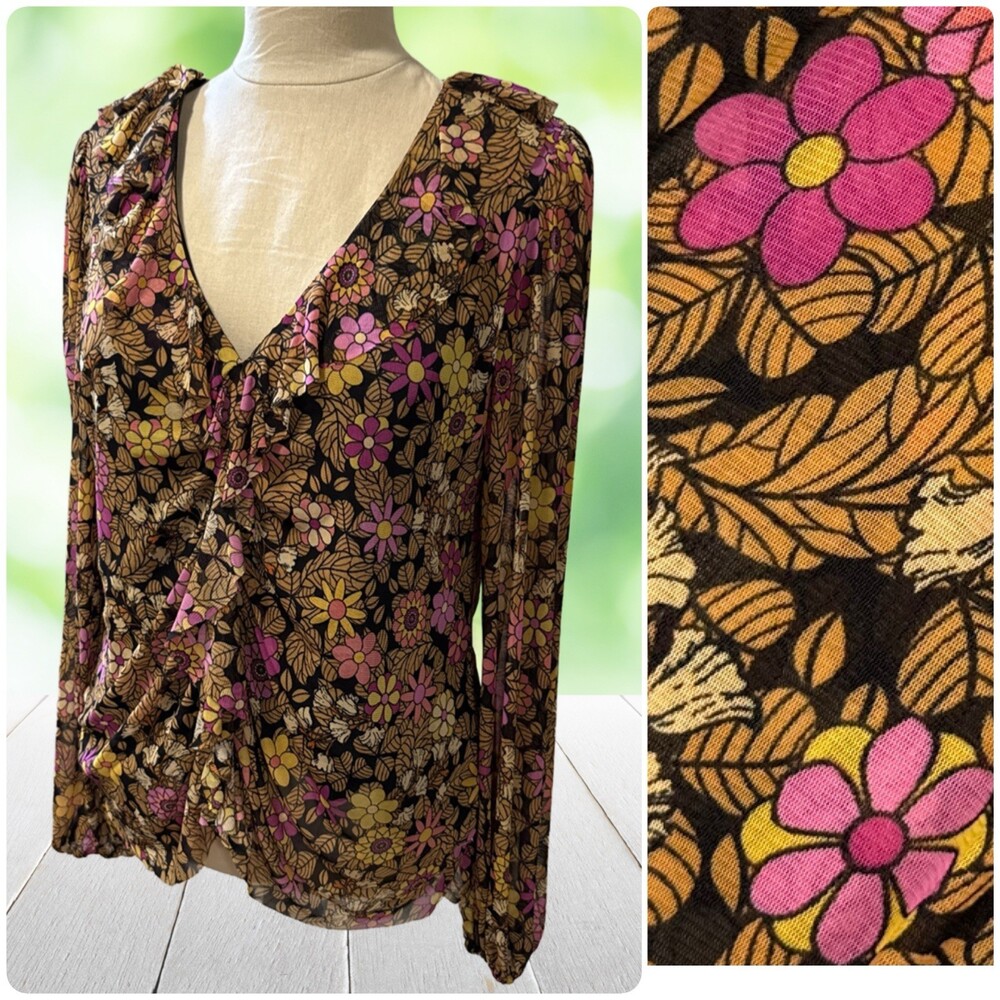 JANE + DELANCEY Retro 70s Mesh Blouse Floral Ruffle Balloon Sleeve Pink Black M
